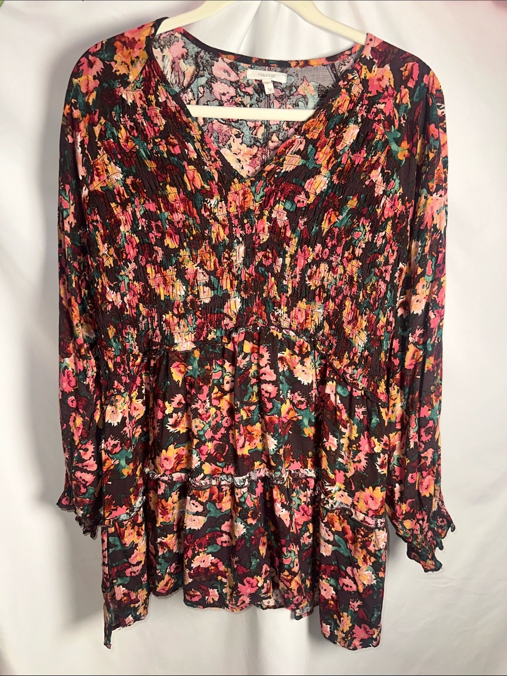 Maurices Multicolor Floral V-Neck Blouse - Pink, Green & Black